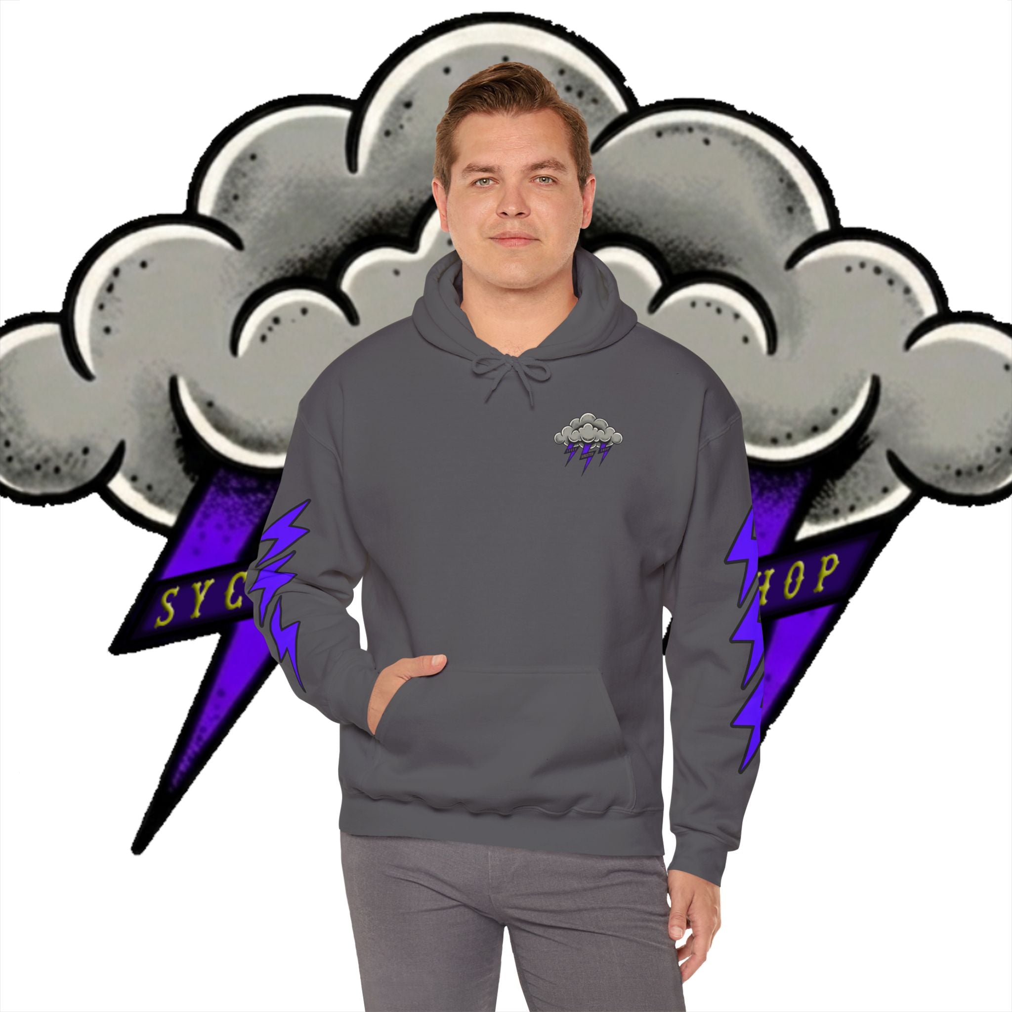 Storm Cloud Hoodie — Purple Lightning Graphic Pullover