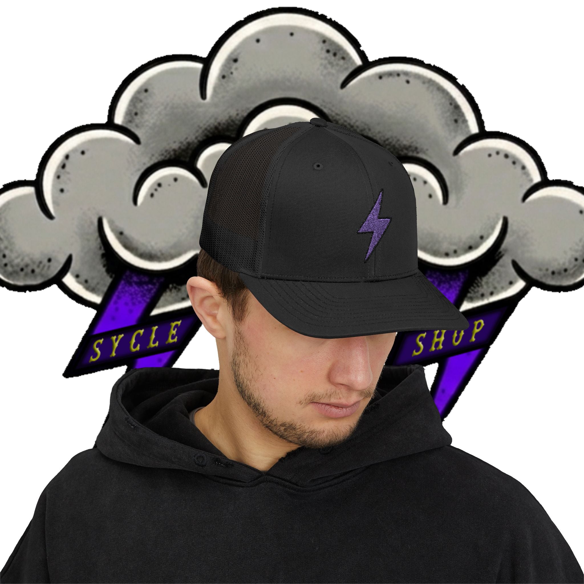 Purple Lightning Bolt Snapback Trucker Cap — Retro Rocker Mesh Hat