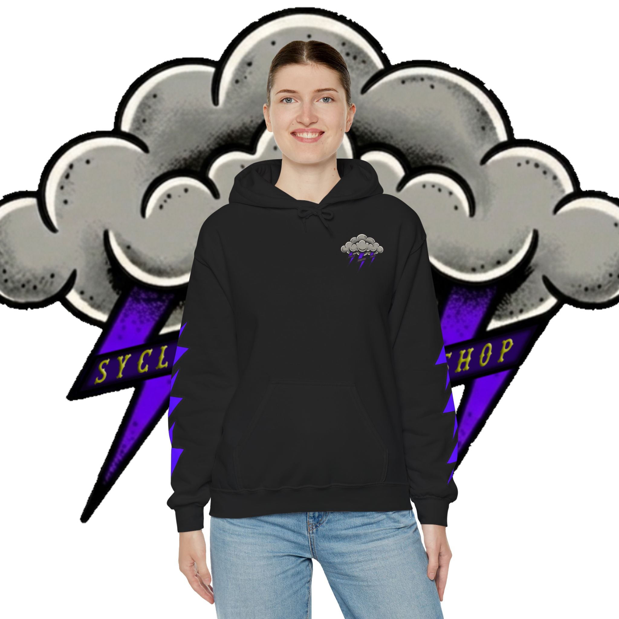 Storm Cloud Hoodie — Purple Lightning Graphic Pullover