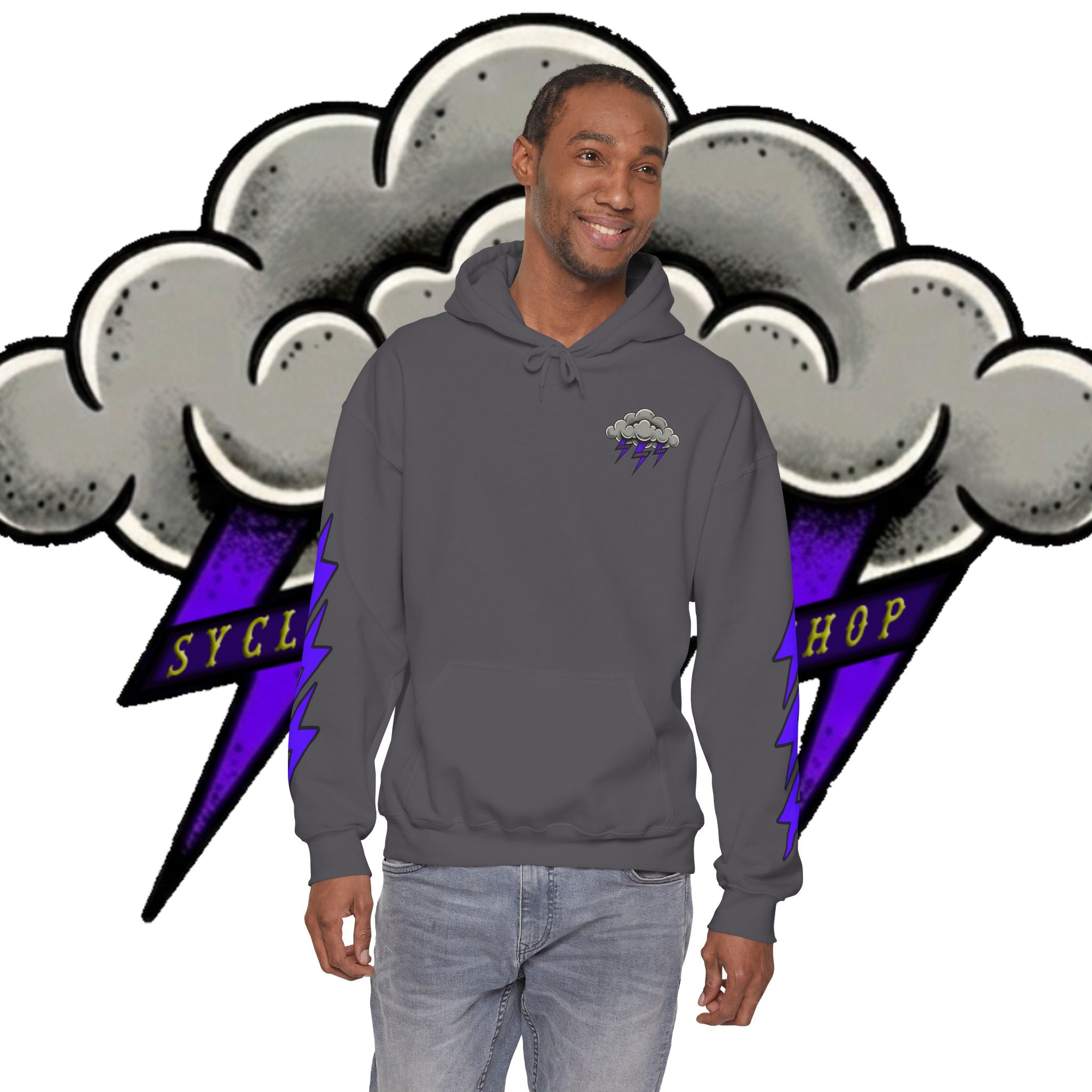 Storm Cloud Hoodie — Purple Lightning Graphic Pullover