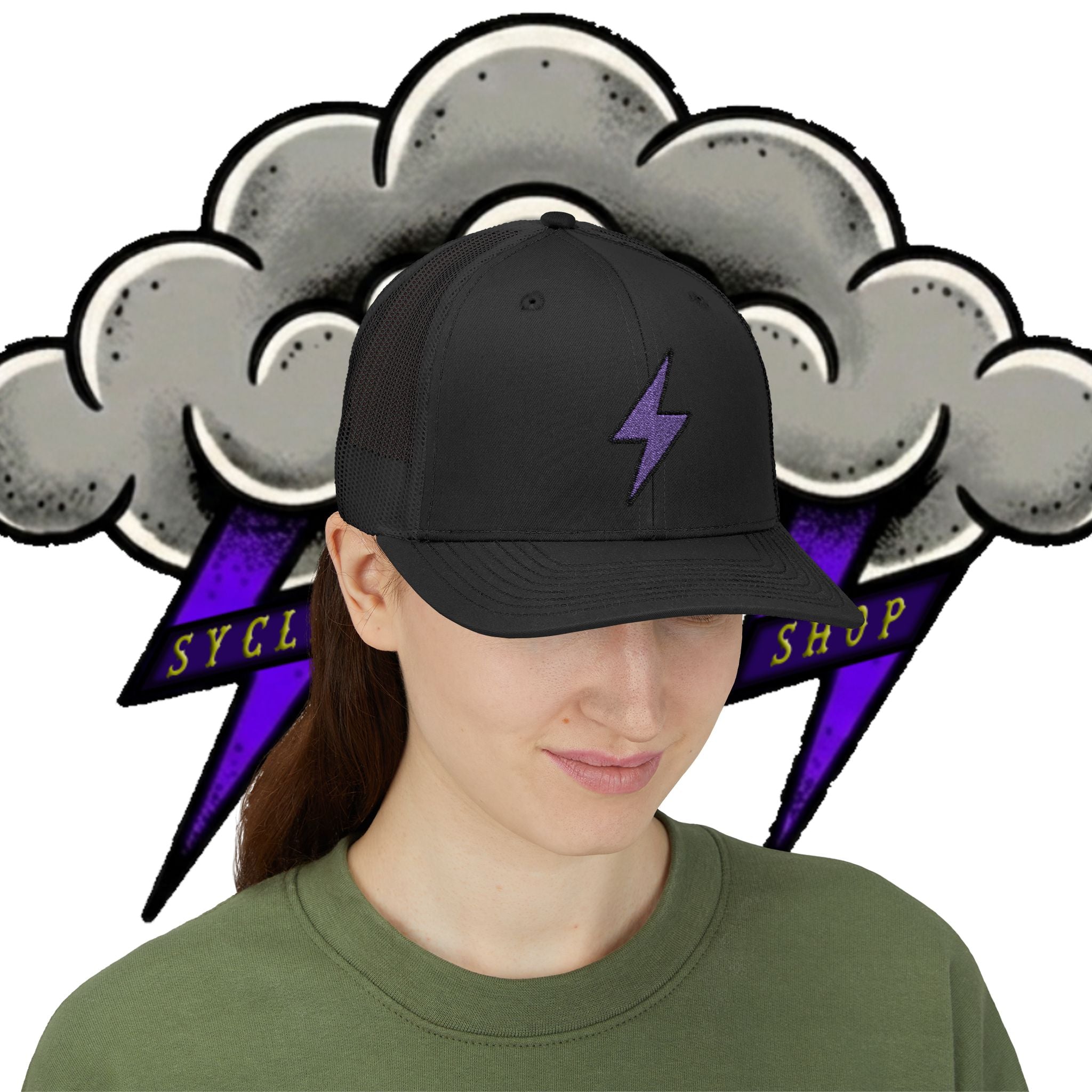 Purple Lightning Bolt Snapback Trucker Cap — Retro Rocker Mesh Hat