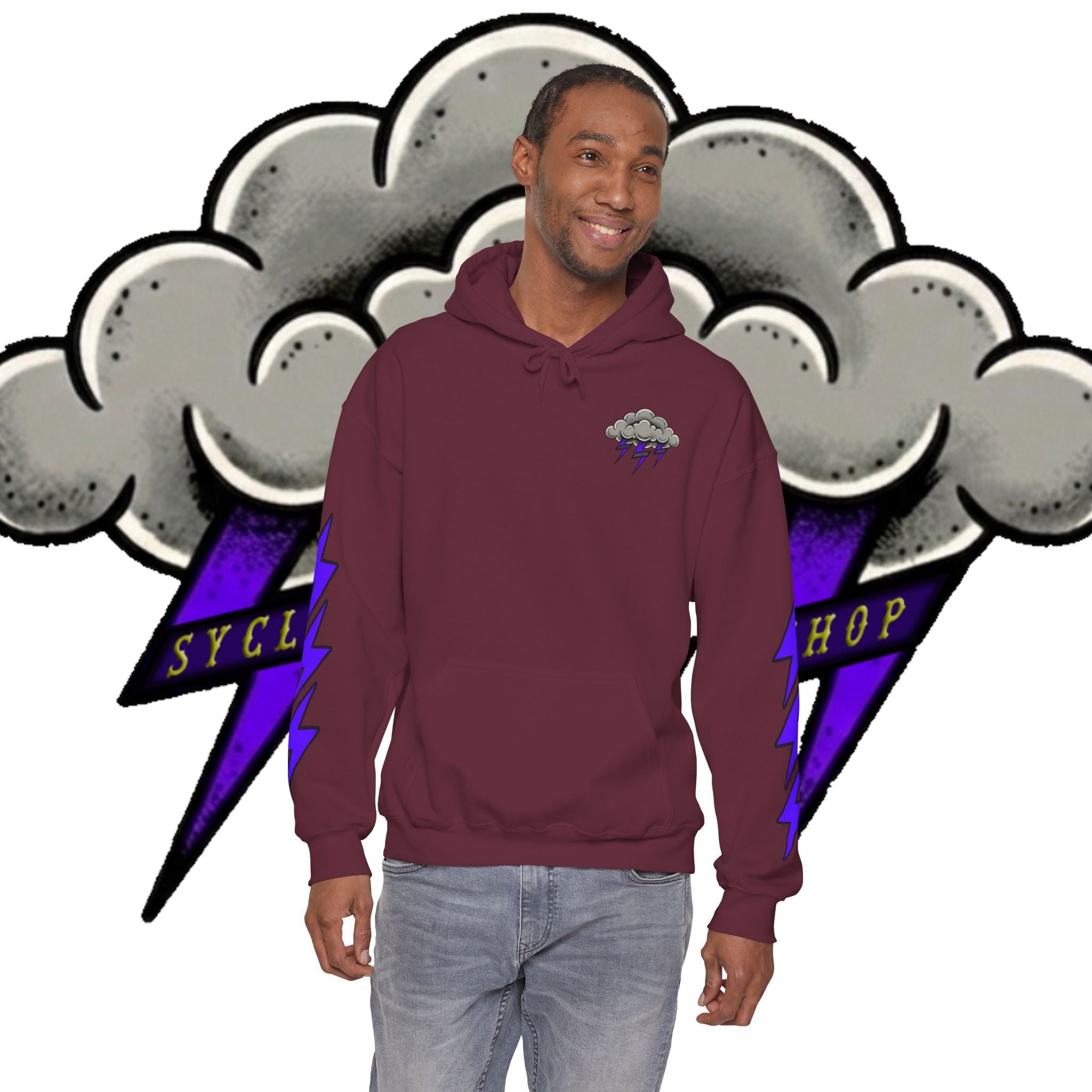 Storm Cloud Hoodie — Purple Lightning Graphic Pullover