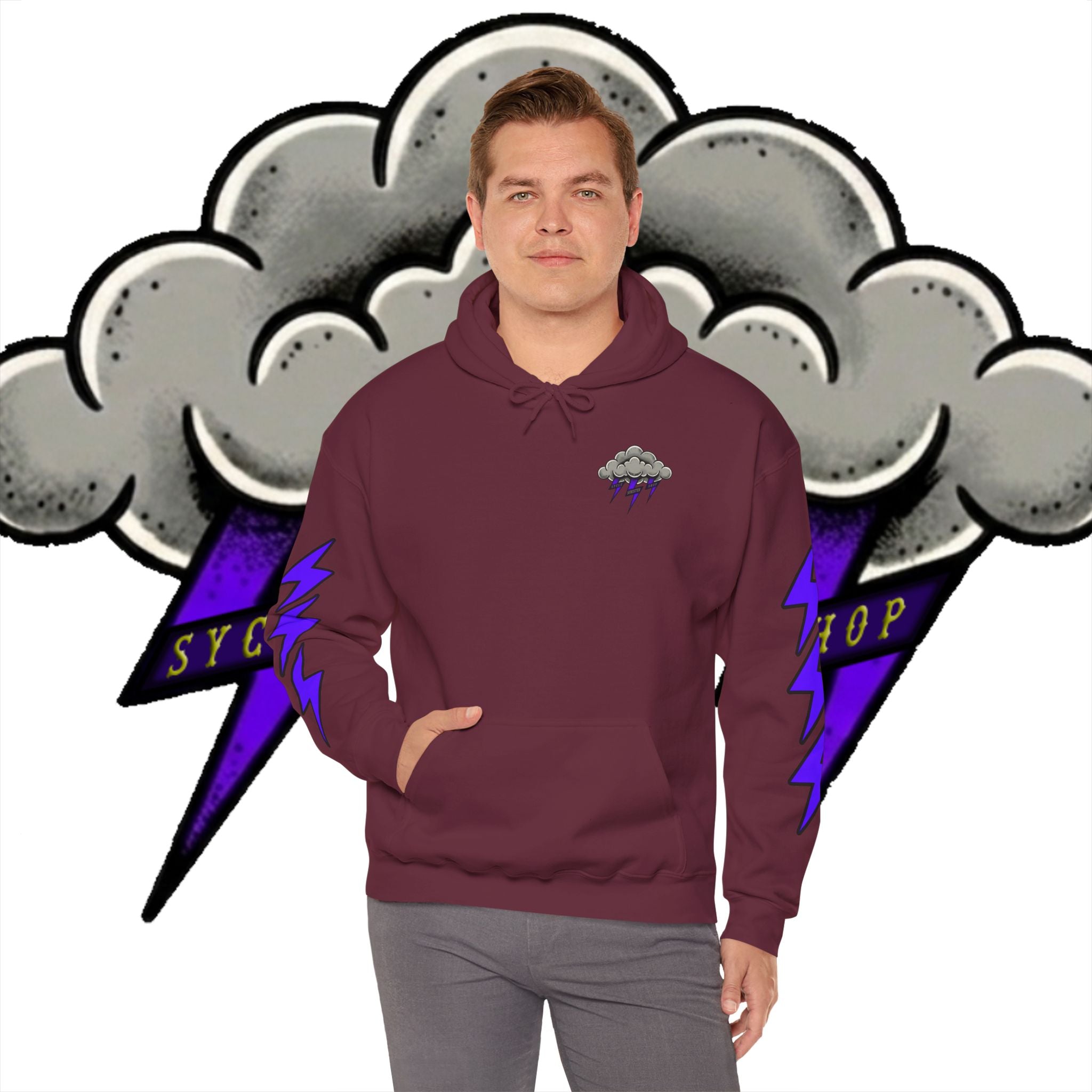 Storm Cloud Hoodie — Purple Lightning Graphic Pullover